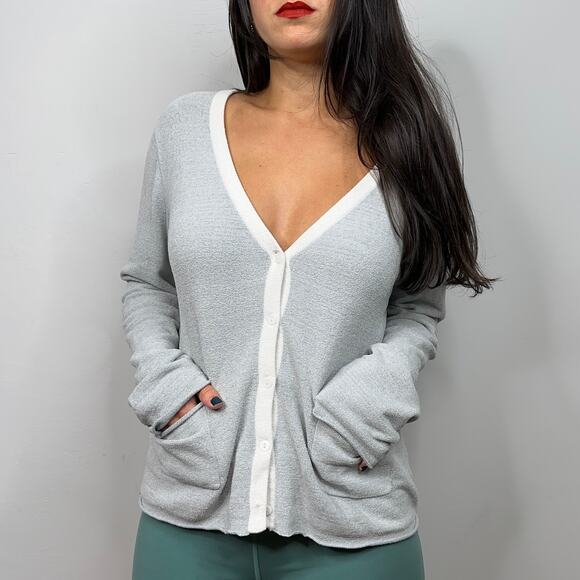 Barefoot Dreams Gray & White Trim Button Front Cardigan - Picture 1 of 9